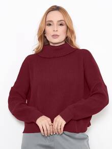 Basic Knitted Blouse With High Collar - Burgundy - View 5