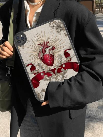 1件复古丝带爱心插画洛丽塔风格防震平板电脑保护套，内置360度加厚防摔保护，适用于10.9英寸平板电脑，便携式皮革10.2英寸平板电脑保护套