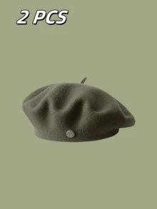 2顶/套 复古柔软透气弹力贝雷帽，百搭韩版贝雷帽，轻便女士画家帽，纯色贝雷帽，秋冬时尚配饰 - 彩色 - 查看 17