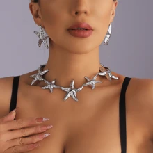 Exaggerated Starfish Necklace, Earrings & Metal Jewelry Set, Bohemian Style Resort Fashion Accessories For Women
