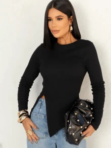 Asymmetrical Ribana Long Sleeve Blouse - Hitam - View 2