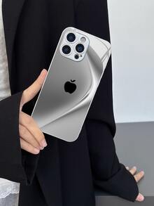 极简商务苹果纹银色手机壳 渐变弧形设计 高清玻璃手机壳 防摔 男女通用 适用于 17/16 Pro Max/15 Pro/14 Pro Max/13 Pro Max/16 Pro/15 Pro Max/12 Pro Max/11/XS Max/7 Plus 13 防摔保护壳