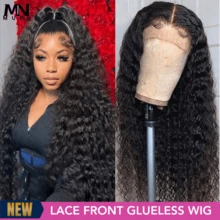13x6 自然黑色卷曲蕾丝前部真人发假发 200 密度深波浪蕾丝前部假发混合发深卷发假发无胶假发预拔自然发色自然发际线带婴儿头发 8-34 英寸