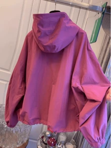 女士拉链连帽风衣夹克，高品质休闲宽松春季运动衫 - 玫紅色 - 查看 2