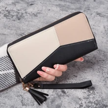 Local Delivery [Stylish Wallet] 2pcs Stylish Colorblock Long Wallet | Large Capacity Credit Card Holder, Black & Beige Synthetic Leather Design, Secure Coin Purse With Tassel Accent - 2件黑色 - 查看 1