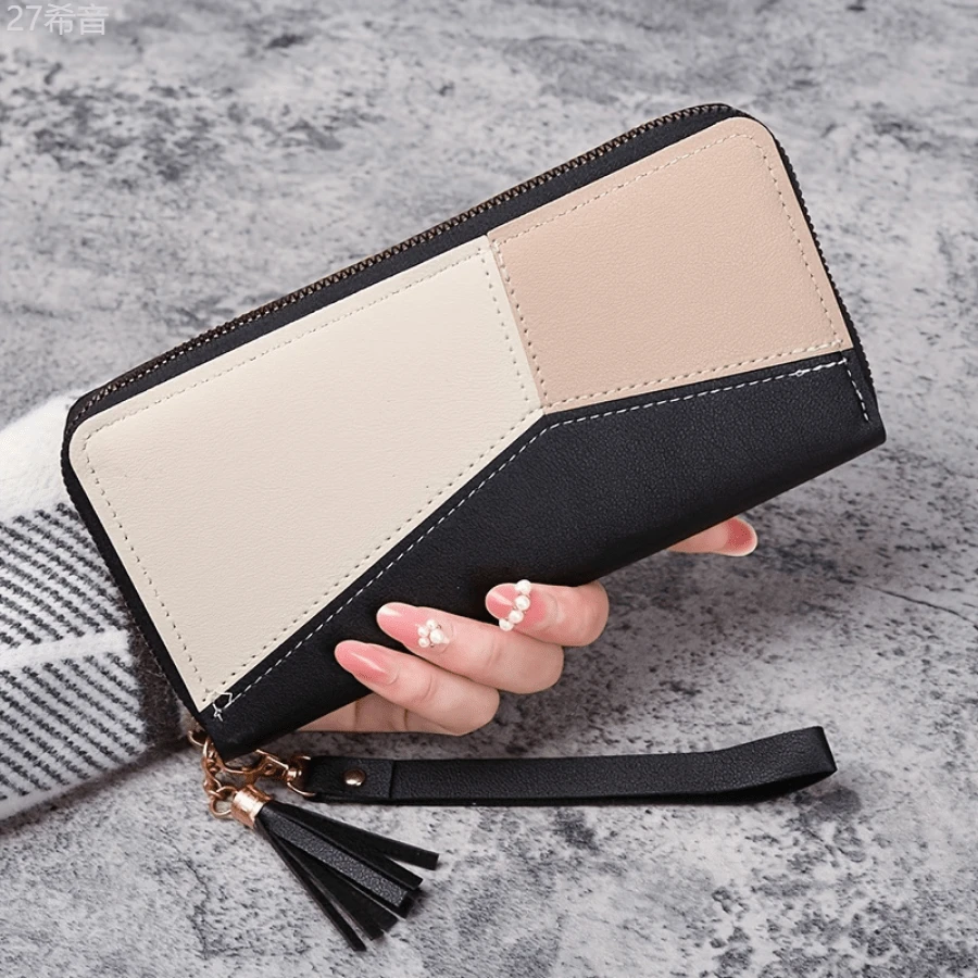Local Delivery [Stylish Wallet] 2pcs Stylish Colorblock Long Wallet | Large Capacity Credit Card Holder, Black & Beige Synthetic Leather Design, Secure Coin Purse With Tassel Accent - 2件黑色 - 查看 1