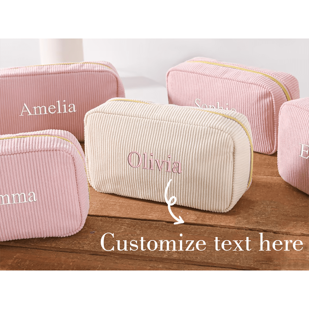 Personalized Embroidered Cosmetic Bag, Custom Corduroy Makeup Bag, Monogram Toiletry Makeup Bag, Bridesmaid Gifts, Bachelorette Party Gifts, School Supplies, Back To School, School Gift, For Office, For School, For Classroom, For Colleague, For Dorm Rooms, Junior High School Students, Middle School Students, Sophomore, Underclassmen, All-Purpose, Large Capacity, Versatile, For Birthdays, For Holiday/ Vacation, For Outdoors/Outings/Travel/Hiking/Stadium/Sports/Climbing, For Business/Commute/Work/Office