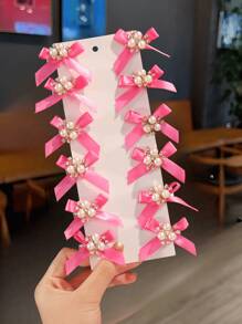10pcs/Pack Girls' Cute & Delicate Versatile Mini Multi-Color Bowknot Pearl Decor Hair Clips