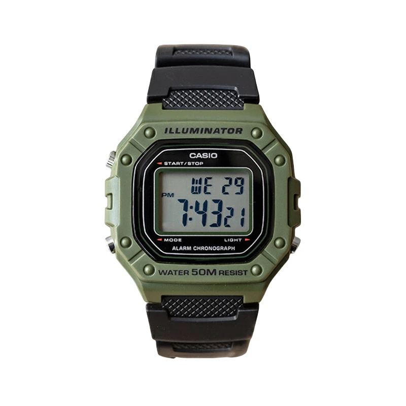 CASIO 男/女电子表 - 防水表带、日历、闹钟和秒表、复古学生电子小方表、橡胶材质、运动时尚、适合日常佩戴、W-218H-3A - 綠黑色 - 查看 1