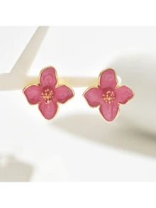 1 Pair Colorful Enamel Four-Petal Flower Stud Earrings For Women, Versatile & Sweet, Suitable For Daily Wear, Vacation, Gift - 綠色 - 查看 5