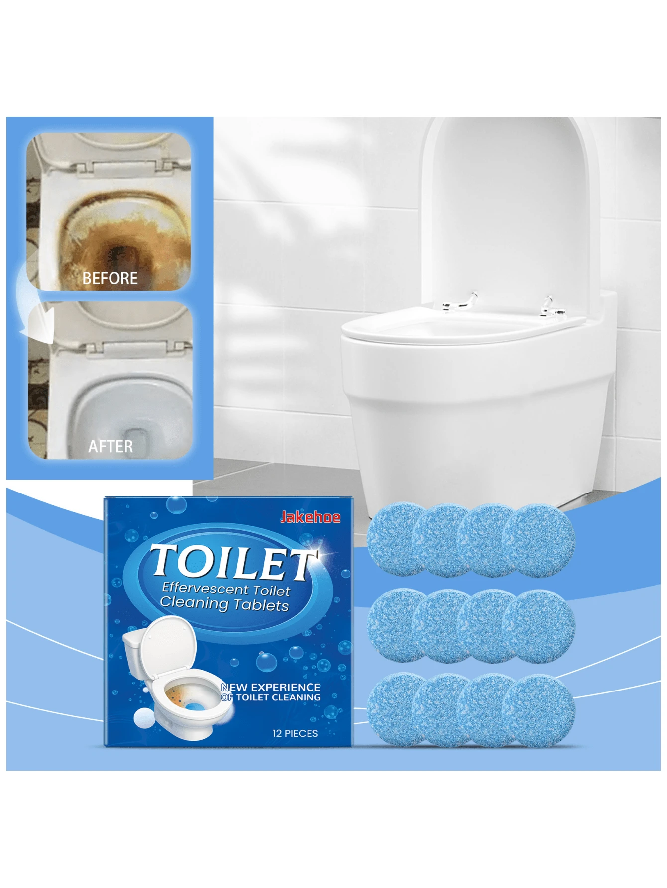 jakehoe Pastillas efervescentes para la limpieza del inodoro, pastillas de descalcificación y desodorización de uso diario para el hogar, diseñadas para una eliminación potente de olores, fragancia duradera, creando un ambiente fresco en el baño