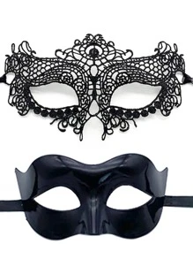 2 Peças Máscara de Casal de Renda Preta e Plástico para Festa de Máscaras, Adequada para Homens e Mulheres Participarem de Baile de Máscaras, Festa de Halloween