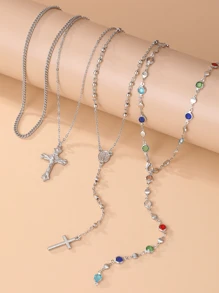 4/3/1 Set modischer, sexy, übertriebener vintage Kreuz, Seestern, Blumen, bunte Perlenimitation, Kristall-Geometrie-Muster Kupfer-Halsketten-Set für Frauen, Strand, Date, Party, Geschenke, alltägliches Styling