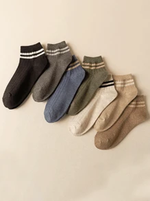 1/5/7 Pares Meias Curtas Masculinas com Listras e Barras Duplas de Cor Sólida, Adequadas para Uso no Verão