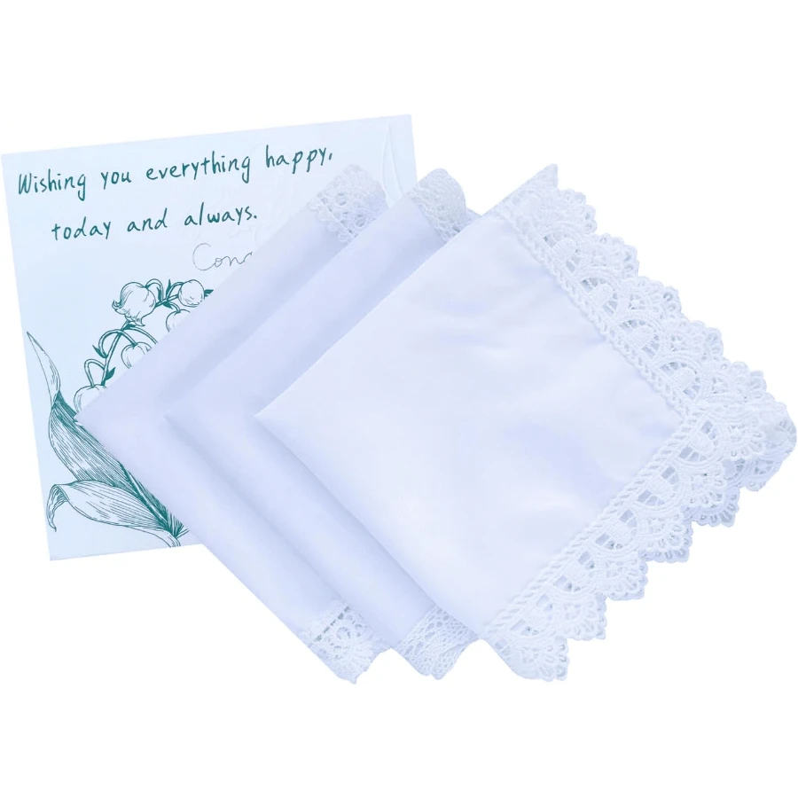 Local Delivery- Ladies Embroidery Cotton White Handkerchiefs Lace Wedding Hankies - J06-3pcs C - 查看 1