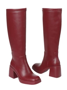 Platform Knee High Boots Women Leather Tall Boots For Women Square Toe Chunky Block Heel Long Boots With Side Zippe - Màu Đỏ Sâu - Xem 9