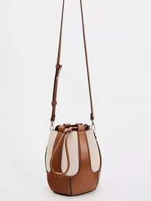 时尚拼接面料绗缝工艺缝制水桶包，抽绳开合设计单肩包，优雅女士钱包，商务通勤包，适合旅行购物，通勤上班。