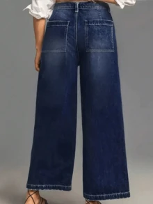 Women's New Fashion Pocket Design Casual Vintage Loose Fit Wide Leg Jeans,Straight Leg Long Denim Pants, Easily Adjusts Leg Shape, Elongating And Slimming, Suitable For Work Commute, Casual Daily Wear - 深藍 - 查看 2