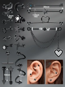 CIZME 16G 耳环耳钉不锈钢螺旋海螺耳钉黑色工业杠铃 CZ 车耳环耳环穿孔珠宝眉环女士男士唇环耳钉适合日常佩戴 - 黑色 - 查看 2