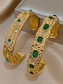 18K镀金不锈钢祖母绿和立方氧化锆手镯套装，略微偏大，可调节，适合作为母亲节礼物、教师节礼物、夏季旅行和海滩配饰、波西米亚风格珠宝、派对/舞会/日常佩戴、返校礼物、生日礼物、伴娘礼物、骄傲月配饰。 - 彩色 - 查看 4