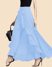 Solid Pencil Pants With Asymmetrical Ruffles Skirts Casual Overlay Pant Skirts Fashion Trousers Going Out Bottom - Màu xanh nhạt - Xem 3