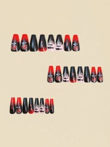 Halloween Nail Art Patches, Medium And Long Nail Art Patches, Halloween Red And Black Glossy Nail Art, Halloween Ballet False Nail Art Patches, Red Rose Blood Bat Mysterious Color False Nail Art Patches, Red Ballet Nail Art Patches, Halloween Festival Gift Nail Art Patches