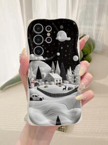 1 pieza Funda protectora de teléfono con patrón minimalista de copo de nieve y villa de montaña, anti-caídas, agujero de precisión, compatible con iPhone/Redmi/Infinix/OPPO/VIVO/Realme