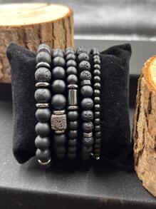 Set de 5 piezas de pulseras elásticas apilables negras hechas a mano con cuentas, joyas de moda para hombre y mujer de estilo punk gótico brillante para fiestas, vacaciones y regalos