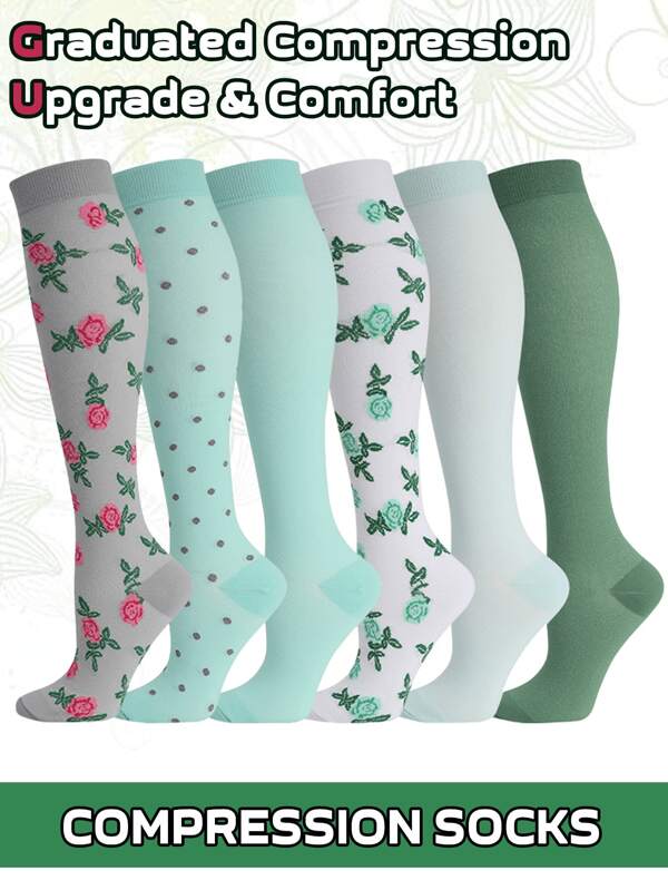 6 Pairs Women's Knee-High Compression Socks - Green Breathable Support For Running Cycling Fitness, Non-Slip Design, All-Day Comfort Travel & Workout Essentials