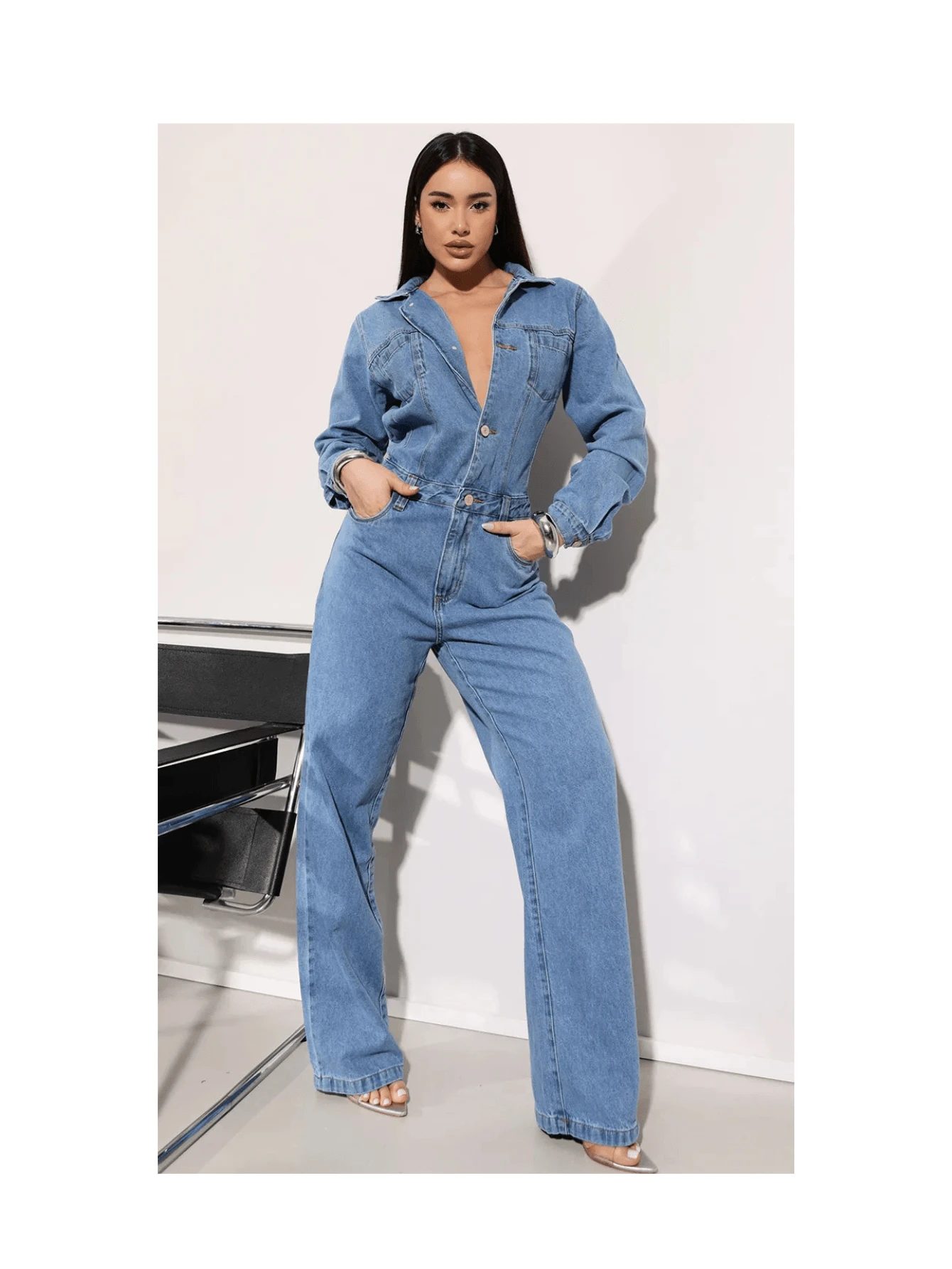 Women's Wide Leg Simple Casual Jeans Pocket Evening Denim Jumpsuit - 淺色水洗藍 - 查看 1