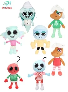 Molutian Muñeco de peluche de personaje azul con temática de juego Bobette, con lazo rosa, bufanda a rayas rojas y blancas, y zapatos blancos, perfecto para decoraciones de fiestas en el hogar y regalos de juegos, accesorio de decoración de fiestas | Diseño de personaje juguetón | Material de peluche suave, Juguetes de peluche