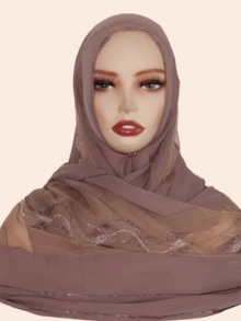 1pc Women's Hijab, Fashion Scarf With Rhinestone Decor, Chiffon Fabric, Malaysian Style, Middle East Design