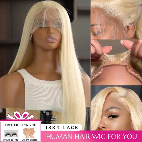 13x4 HD Lace Front Wig - Real Human Hair, 180% Density, Brazilian Remy Hair, 613 Blonde, Straight, Pre-Plucked, Natural Look, Suitable For All Light Beige Tones, Women's Wig For Casual Attire