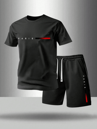 Men's Summer Short Sleeve T-Shirt And Shorts Set, Personalized Letter Print Pattern, Fashion Casual Outfits With Pocket, Drawstring Waistband Pants, 2 Pieces Set Suitable For Running, Golf, Fishing, Basketball, Camping, Gym, Swimming And Beach, Great Gift For Husband Or Boyfriend