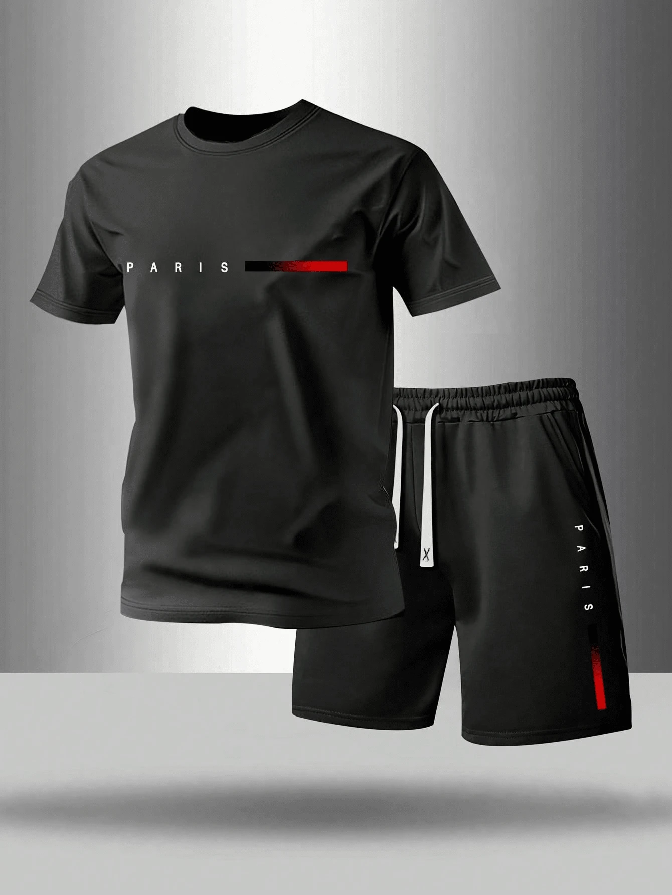 男士夏季短袖 T 恤和短裤套装，个性化字母印花图案，时尚休闲装，带口袋，抽绳腰带裤，2 件套适合跑步、高尔夫、钓鱼、篮球、露营、健身、游泳和海滩，是送给丈夫或男朋友的绝佳礼物 - 黑色 - 查看 1