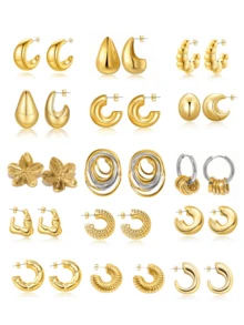 10 Pairs Assorted Gold Color Moon, Teardrop, Flower, Starfish, Seashell Earrings, Suitable For Summer Beach, Valentine's Day, Teacher's Day, Mother's Day, Back To School, Christmas, Halloween, Gifts - Lucky Earrings - View 9