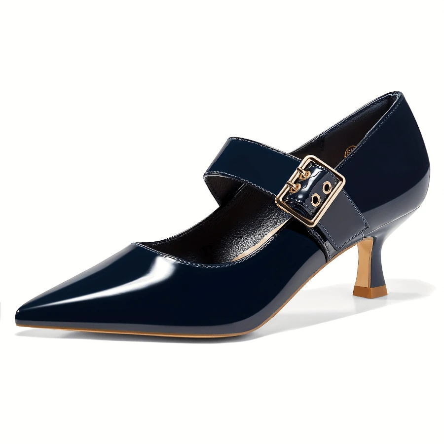 Local Delivery [Kitten Heels Shoes] Kitten Heels Mary Jane Shoes | Women's Closed Pointed Toe Dress Shoes Buckled Work Office Heels - 深藍 - 查看 1
