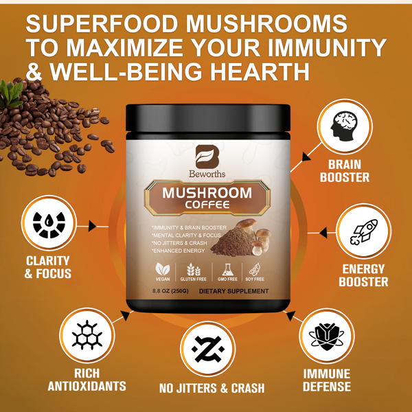 Mushroom Coffee - Lions Mane Mushroom Powder Instant Coffee With Lion's Mane, Reishi, Chaga, Cordyceps, And Turkey Tail - Mushroom Coffee Alternative For Energy, Mental Clarity & Focus, Brain Booster