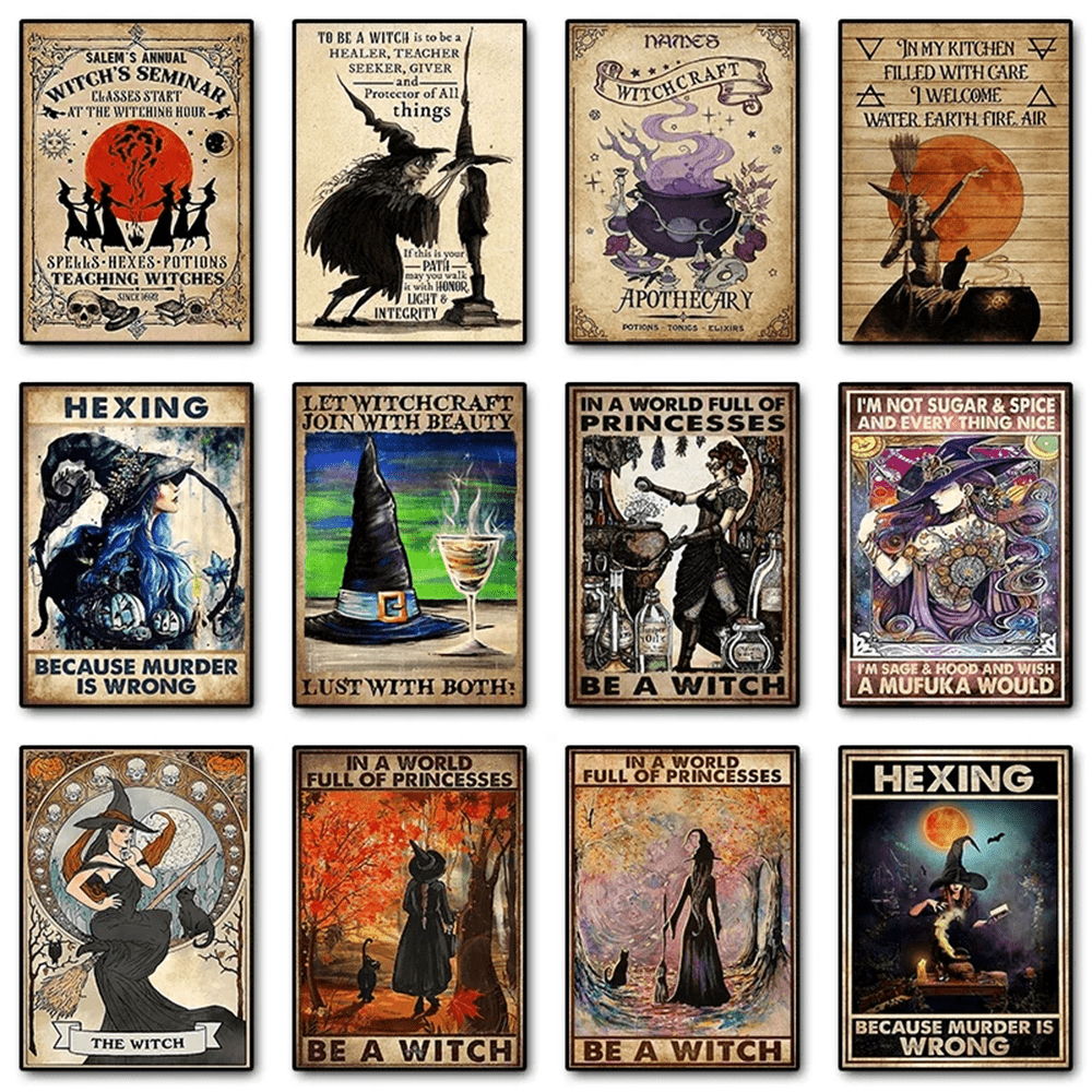 1 pieza / Set de 3 Artes de pared pósters con marco opcional / Pintura vintage de lienzo enmarcada con bruja de Halloween retro, impresión de brujería Pósters de arte de pared para club y decoración del hogar