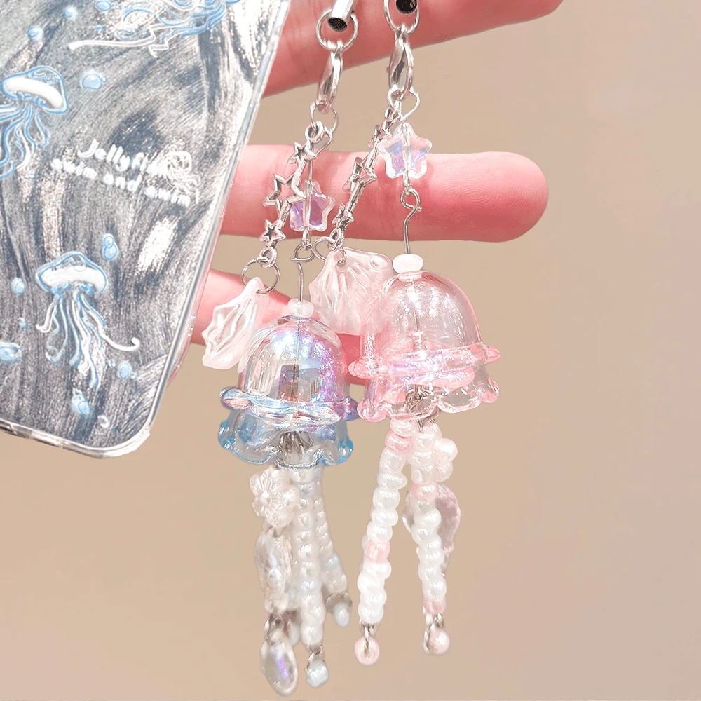 1 件贝壳和水母装饰手机链、人造珍珠高端风铃串珠手机挂绳、流苏星星手机挂绳、兼容相机吊坠，是送给女孩的完美礼物