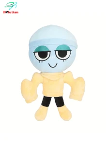 Molutian Muñeco de peluche de personaje azul con temática de juego Bobette, con lazo rosa, bufanda a rayas rojas y blancas, y zapatos blancos, perfecto para decoraciones de fiestas en el hogar y regalos de juegos, accesorio de decoración de fiestas | Diseño de personaje juguetón | Material de peluche suave, Juguetes de peluche