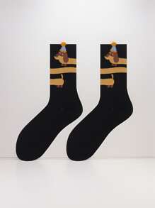 "4 Pairs Of Stylish Brown Striped Dog Print Socks For Women - Mid-Calf Casual Socks For Spring, Summer, And Autumn - Cute Dachshund Design"