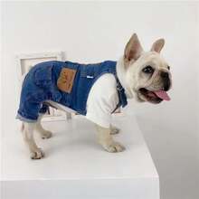 1pc Pet Dog Fashionable Denim Elastic Suspender Pants, Comfortable Jumpsuit Overalls For French Bulldog, Pug, Chihuahua, Teddy, Pomeranian And Other Small To Medium Sized Dogs - Blue - View 5