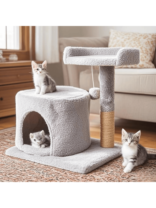 1 pieza Torre para gato con nido cómodo disponible en blanco, gris y beige con poste de sisal, plataforma para saltar y juguetes colgantes - Centro de actividad para gatos de múltiples niveles para juego y relajación, ahorro de espacio, adecuado para familias pequeñas. Muebles y decoración moderna para gatos con cubierta de piel suave, apta para gatos pequeños y medianos