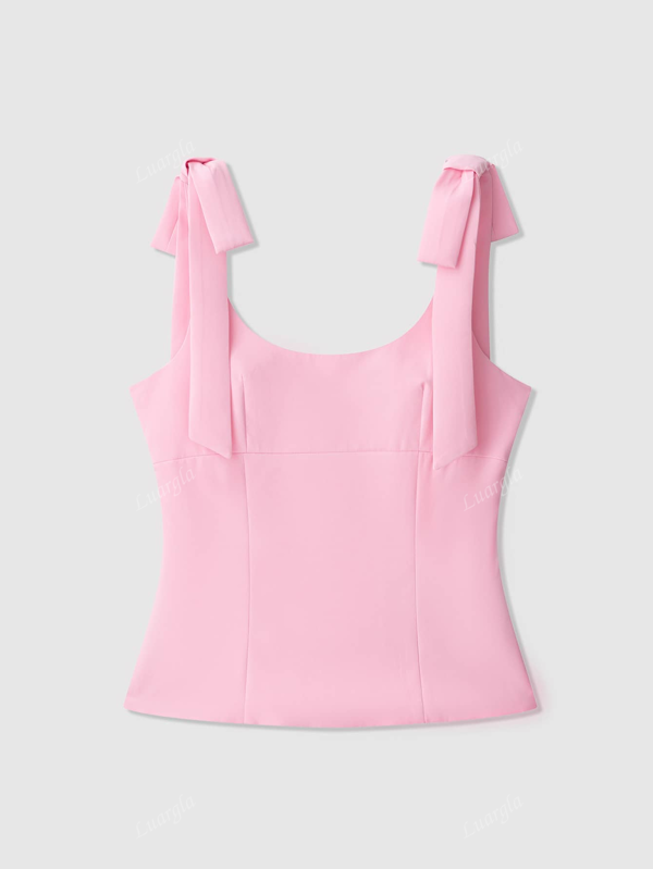 Solid Color Blouse With Bow Decor, Fashionable For Summer