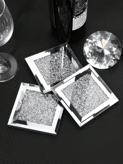 2pcs Crystal Rhinestone Glass Coasters, Fashionable And Elegant Glass Mirror Surface, Square/Round Coasters, Suitable For Tea Cups, Coffee Cups, Placemats, Diamond Coasters, Housewarming Gift, Great For Home Kitchen Bar Table Mats