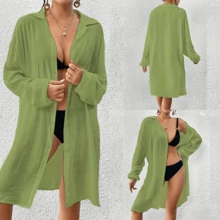 Local Delivery- Swim Vcay Women Long Sleeve Single-Breasted Shirt-Style Kimono For Vacation - màu xanh lá - Xem 2