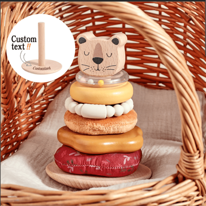 Juguetes de madera Montessori personalizables para bebés, bloques de madera de haya con forma de león, juguetes apilables de sonajero, juguetes sensoriales y de desarrollo intelectual, regalos personalizados con nombre para niños
