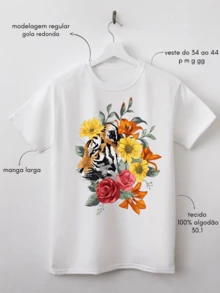 Camiseta Feminina Estampada Tigre Florido Animal Print Novidade Blusa Elegante Branca Preta Tshirt - Branco - Visão 2
