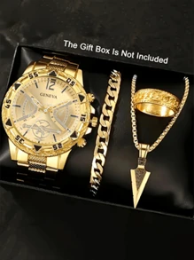 4-Piece Luxury Gift Set For Men: Stainless Steel Quartz Watch With Precise Analog Display, Cross Pendant Necklace, Bracelet And Ring, Perfect For Business, Casual And Sports Occasions - Ideal Gift For Him